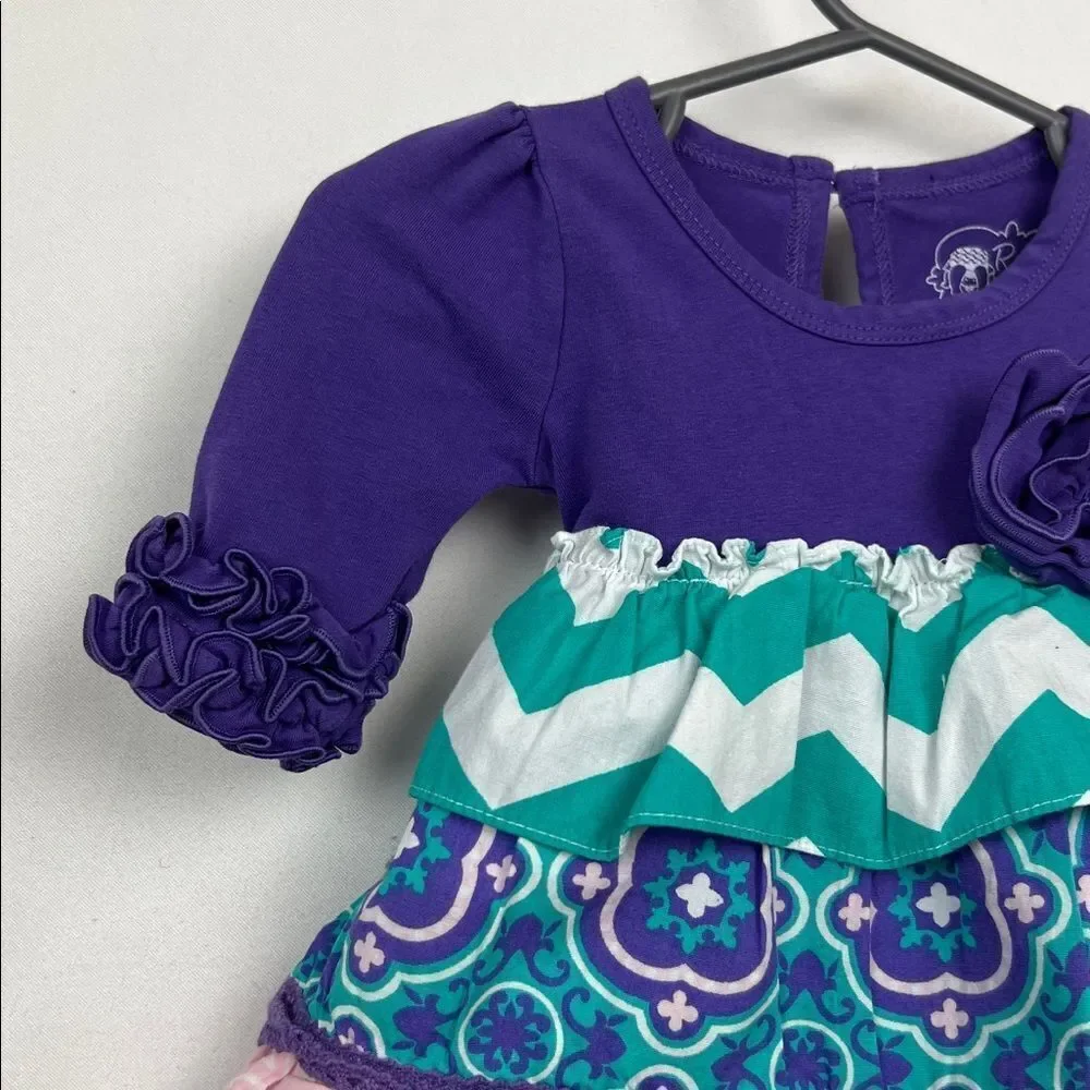 Ruffle Butte Purple Green &pink dress with bow and flower size 3-6 months